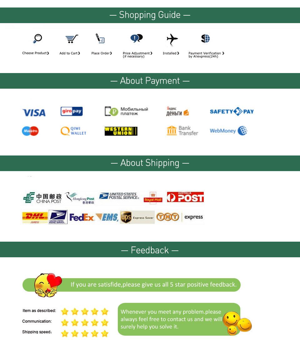 Infographic showing shopping, payment, and shipping methods, alongside a request for 5-star customer feedback.