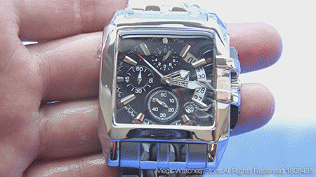 Men's square-cased silver stainless steel chronograph watch with a black dial and three sub-dials.