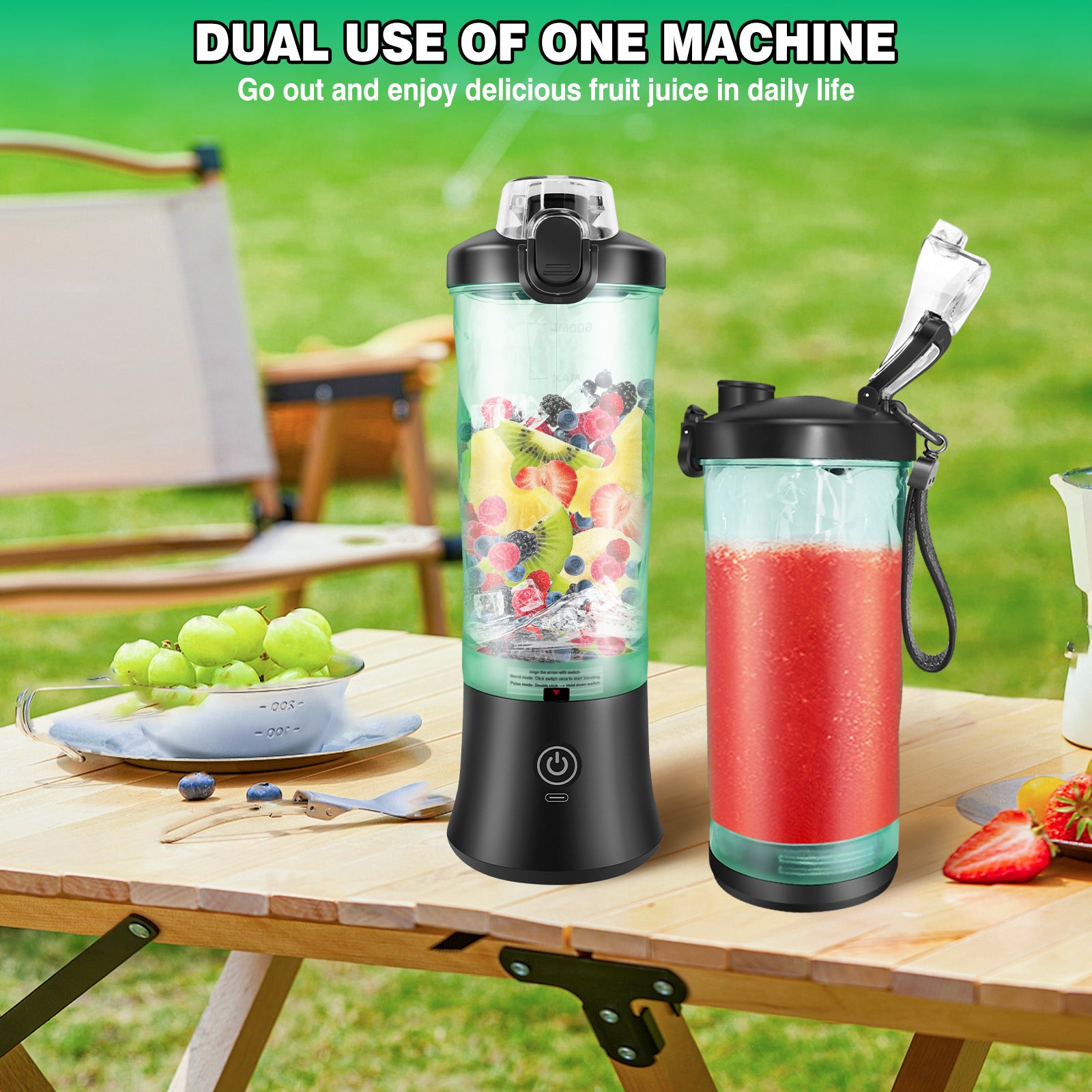 Portable black and teal personal blender with a fruit-filled container and a second cup filled with red smoothie.