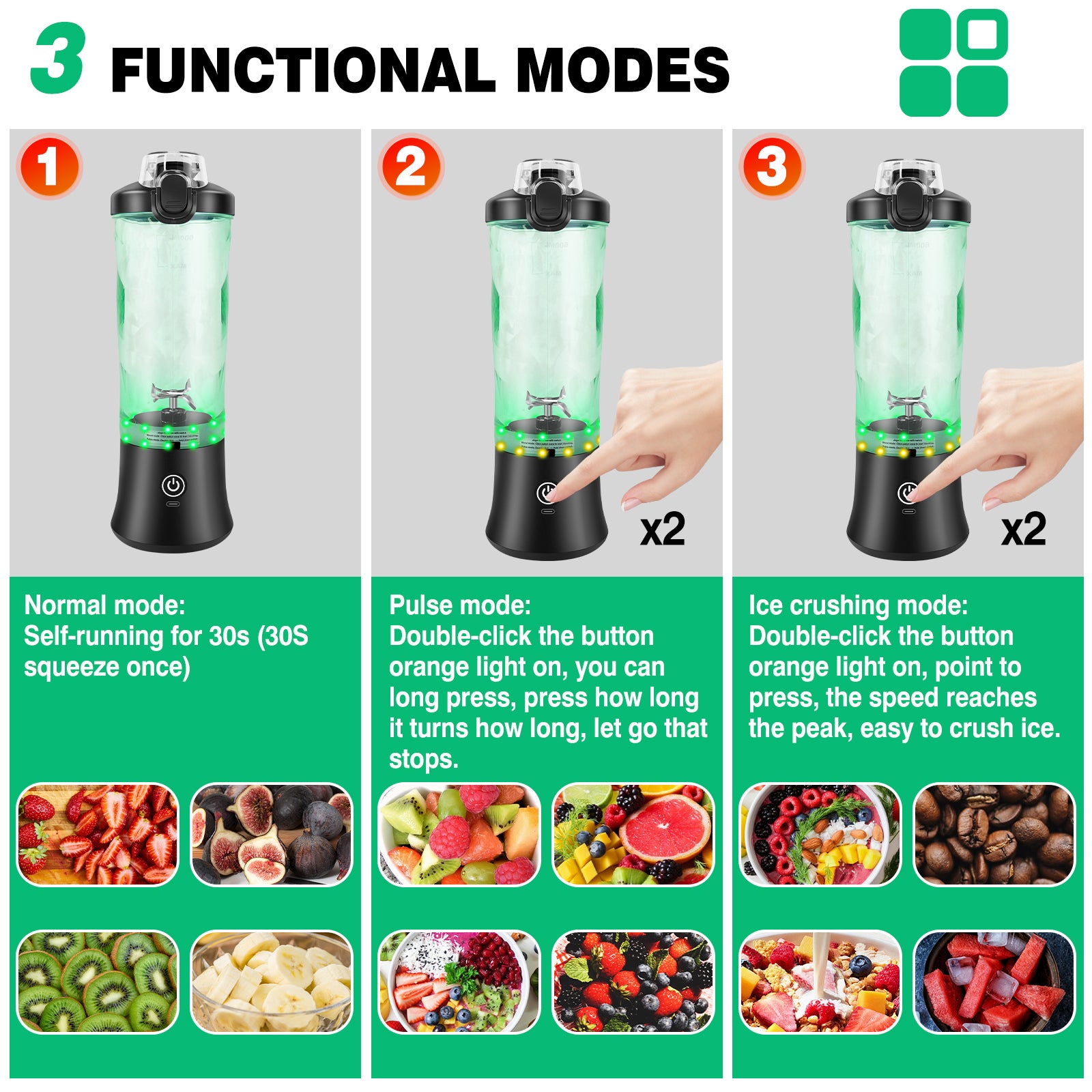 Portable blender with three functional modes, green translucent container, black base, and indicator lights.