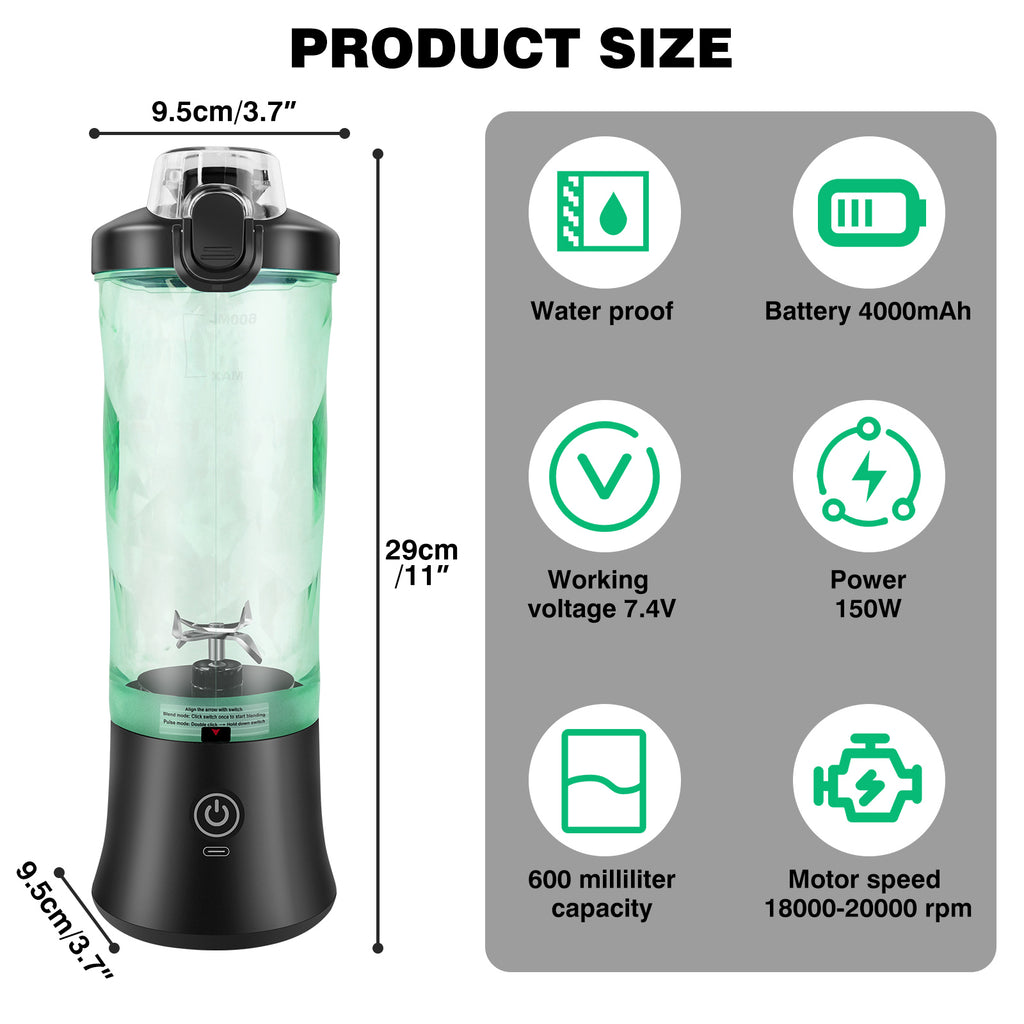 Portable 600ml blender with a green transparent bottle, black base, and technical specs displayed on a grey panel.