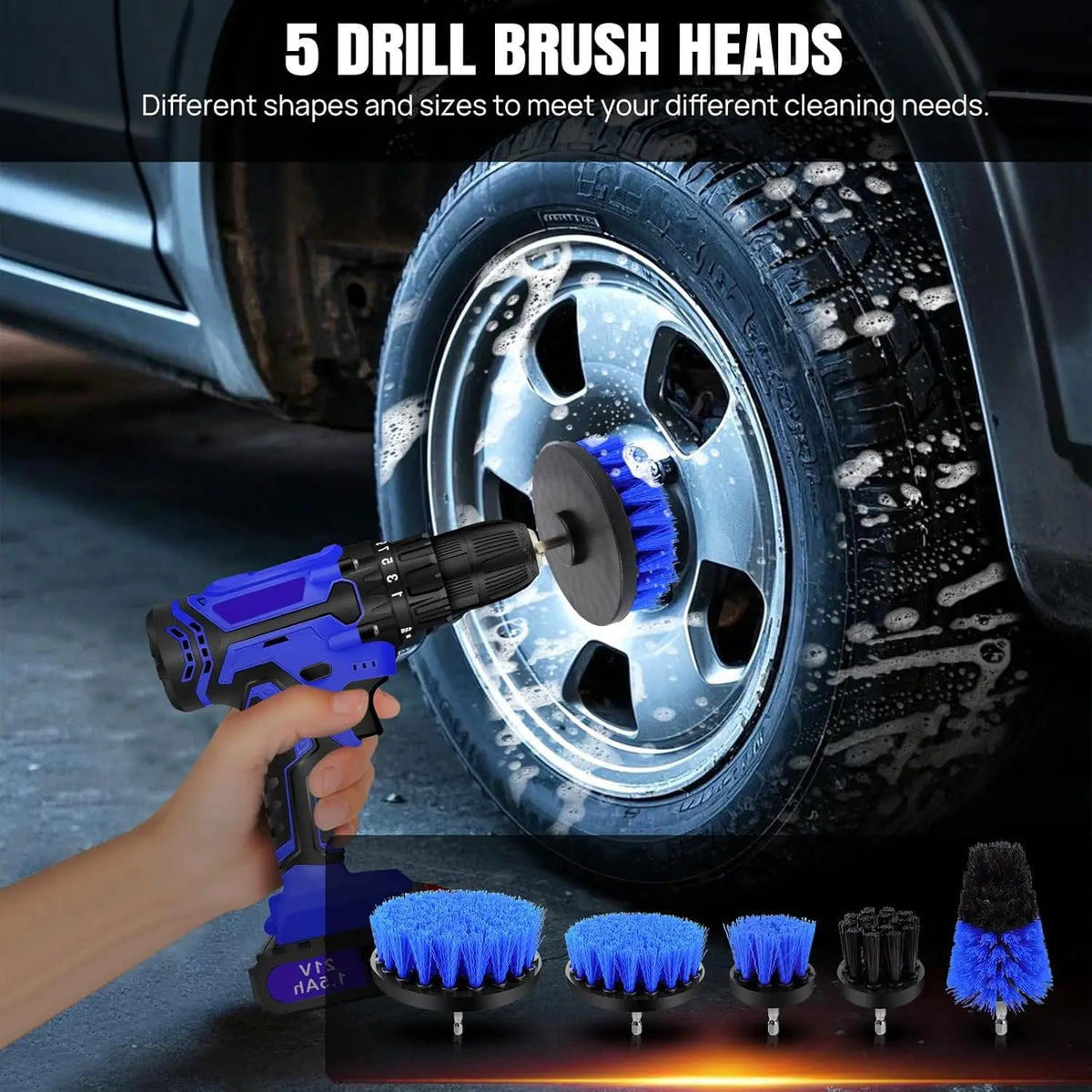 Blue and black power drill fitted with a round blue bristle brush cleaning a soapy car wheel.