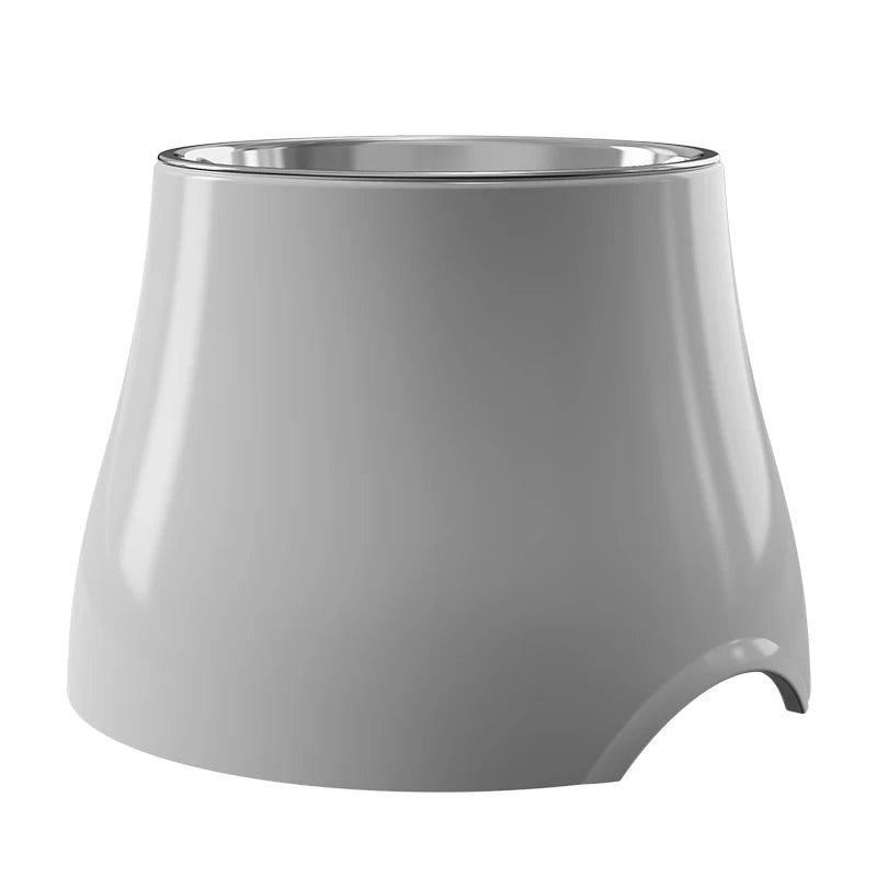 Glossy grey elevated dog bowl with a wide base and polished stainless steel rim.