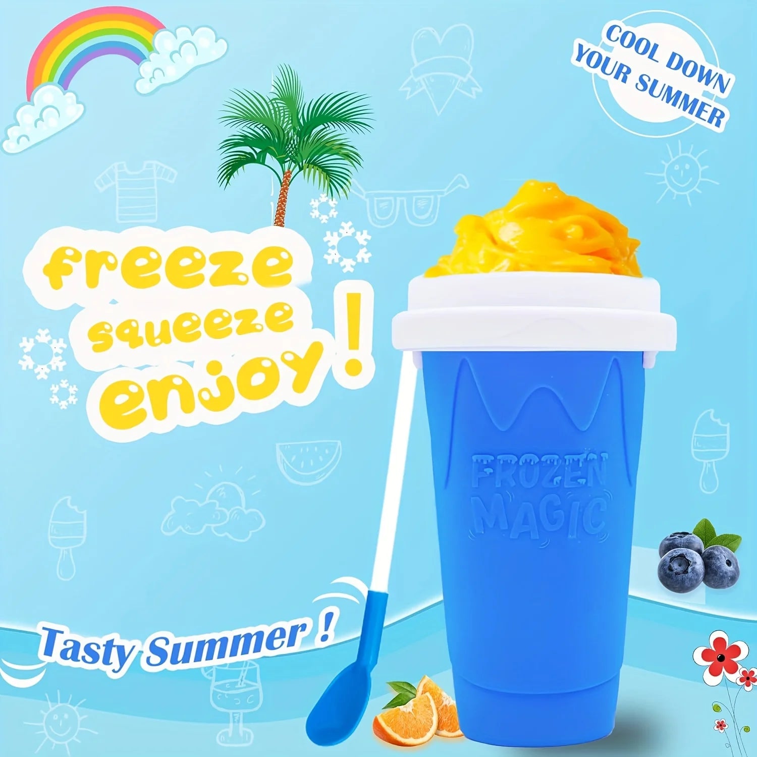Blue squeeze slushy cup with white lid, straw-spoon, and orange slush, set against a fun, summery illustrated background.