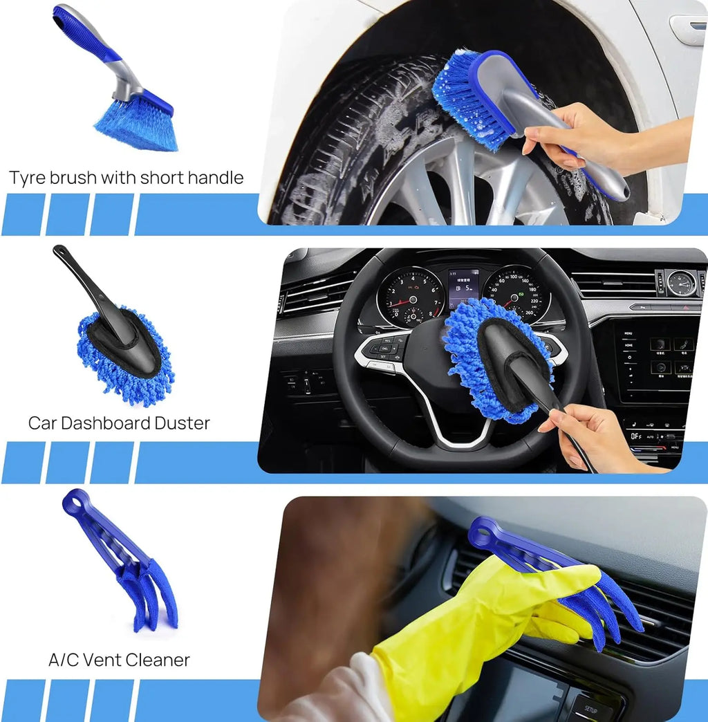 29-piece blue and black car detailing brush kit including tyre brush, dashboard duster, and A/C vent cleaner.