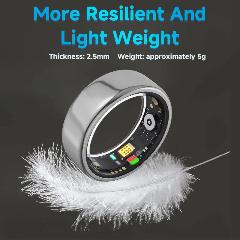 A sleek, silver smart health and sleep tracking ring resting on a white feather to show its lightweight design.