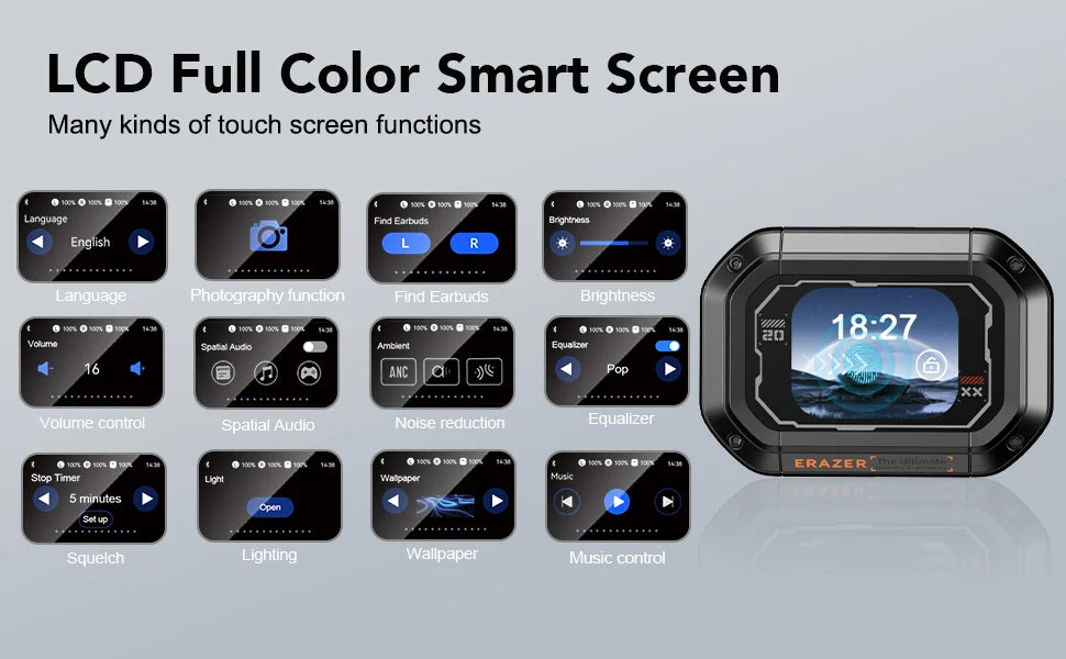 Black smart touchscreen device with a digital display interface showing various settings icons and functional menus.