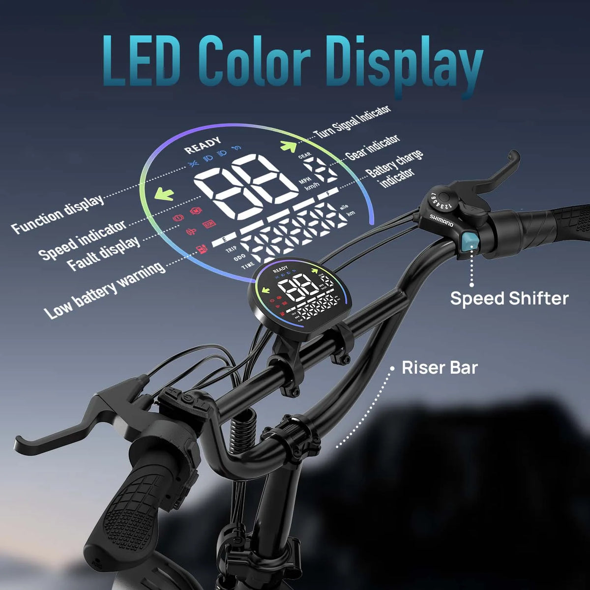 Black electric bike handlebars featuring a color LED display, speed shifter, and riser bar.