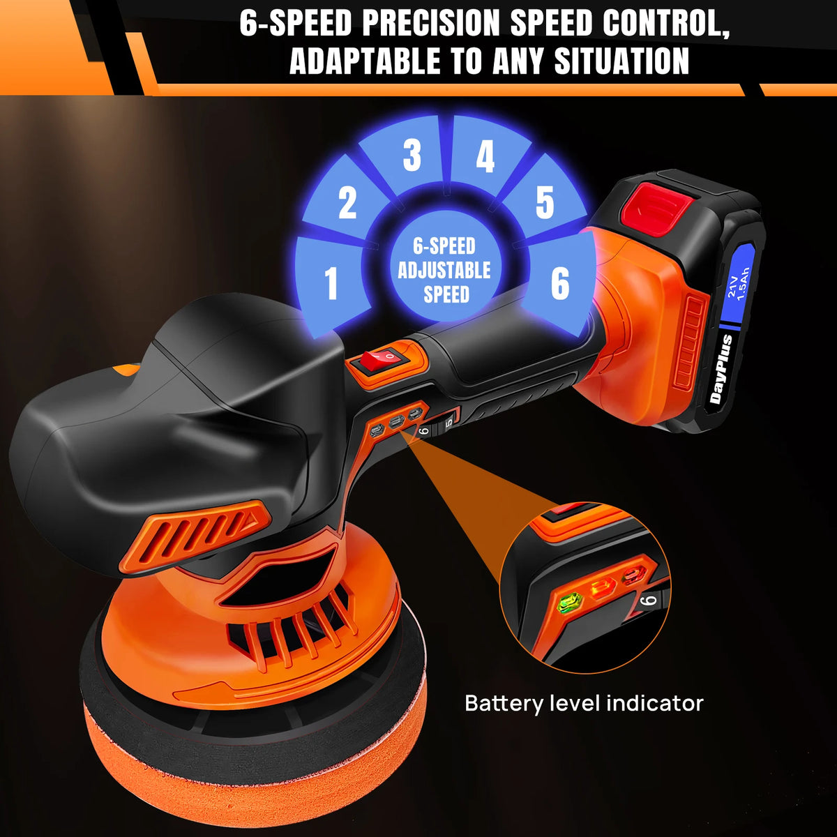 Black and orange cordless car polisher with adjustable speed dial and a battery level indicator.