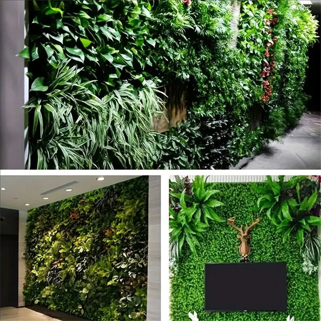 Artificial green plant wall panels featuring various leafy textures in lush shades of green, indoors and outdoors.