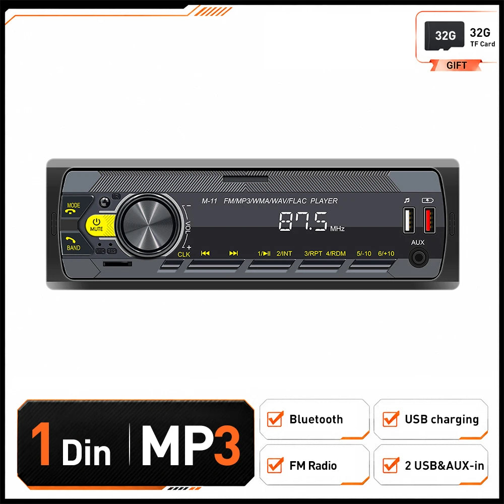 Podofo 1 DIN car radio stereo in grey with central volume knob, LCD screen, dual USB ports, and AUX input.