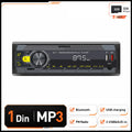 Podofo 1 DIN car radio stereo in grey with central volume knob, LCD screen, dual USB ports, and AUX input.