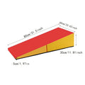 Red and yellow foldable gymnastics wedge mat with annotated dimensions for tumbling and training.