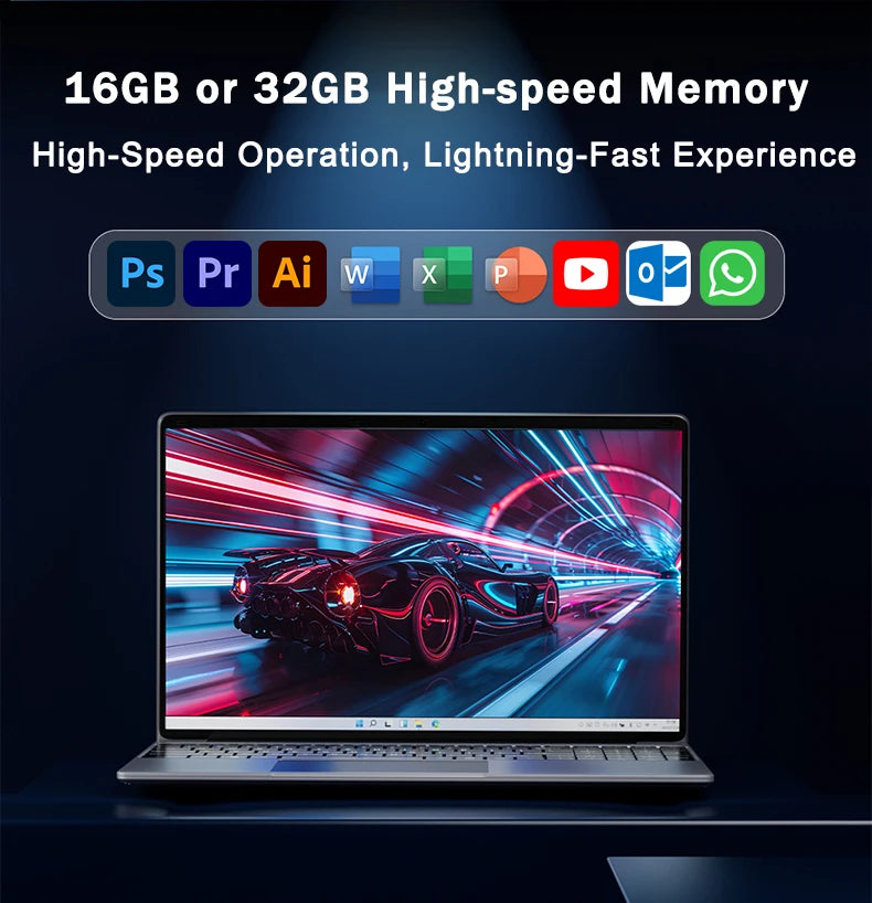 Sleek 15.6-inch grey laptop featuring a vivid display, 32GB RAM, 2TB SSD, and a fast Windows 11 interface.