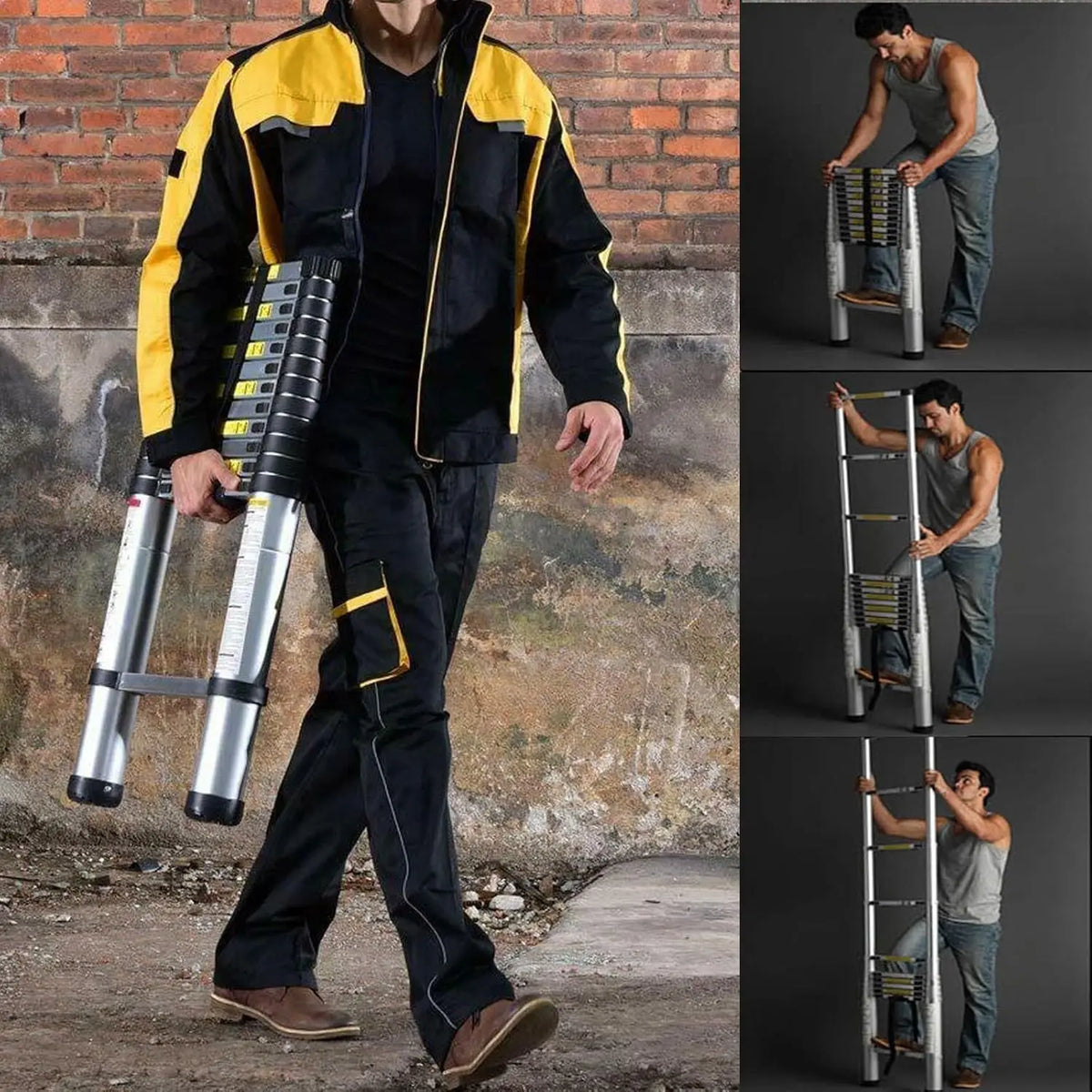Silver and black telescoping extendable ladder with yellow safety buttons, shown retracting and being carried.