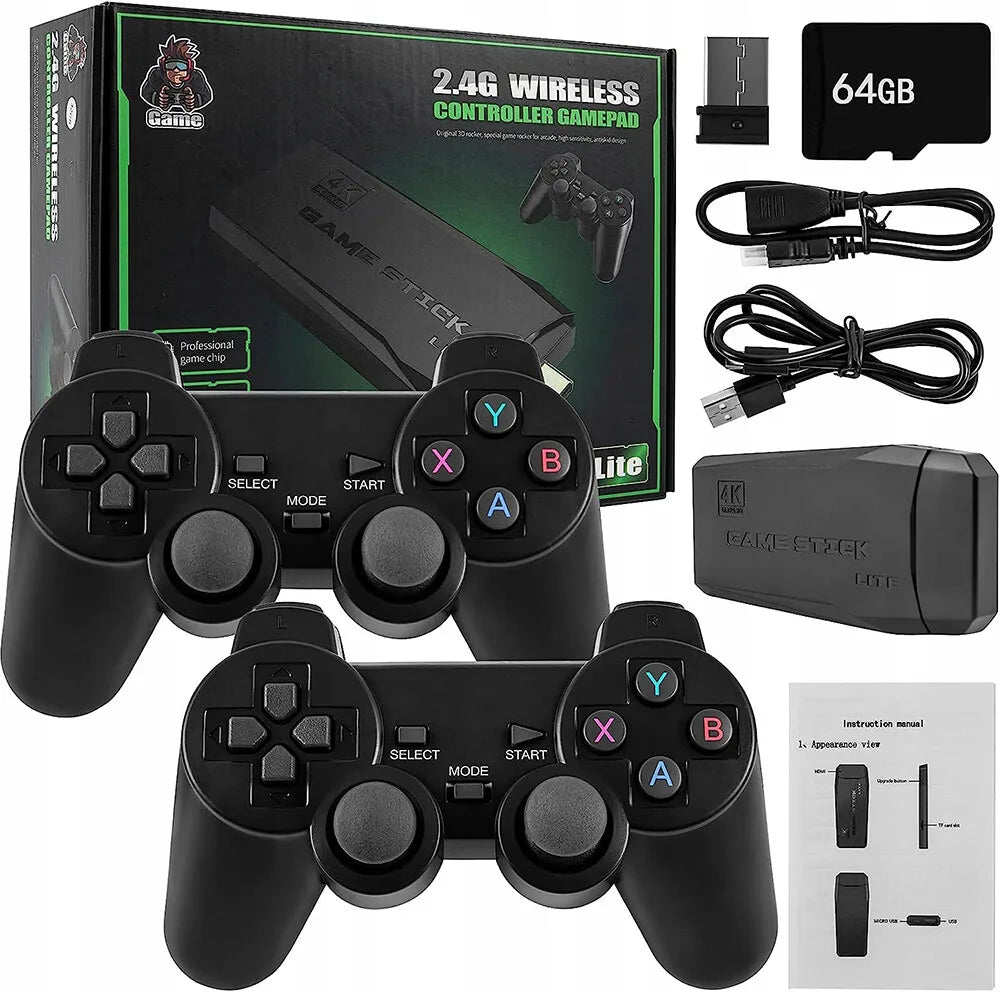 Black retro game console set with two wireless controllers, game stick, cables, 64GB TF card, and box.
