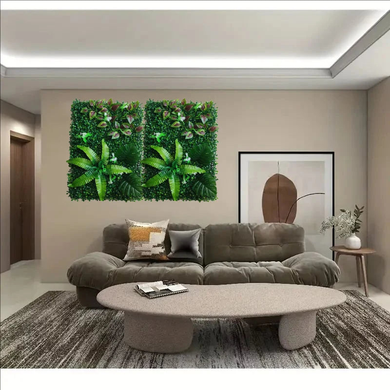 Two rectangular artificial green plant wall panels hanging above a beige living room sofa.