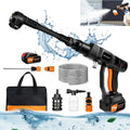 Black cordless pressure washer with orange accents, 6-in-1 nozzle, battery, hose, soap bottle, and storage bag.