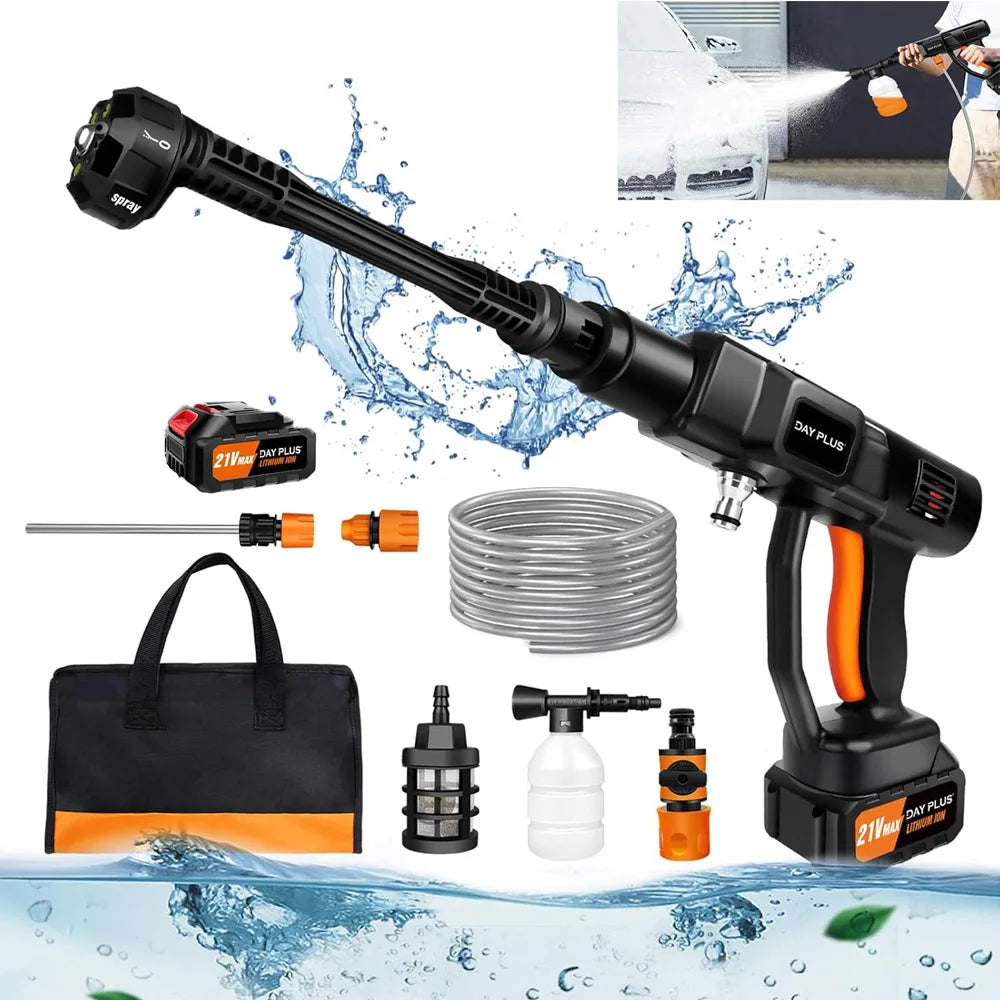 Black cordless pressure washer with orange accents, 6-in-1 nozzle, battery, hose, soap bottle, and storage bag.