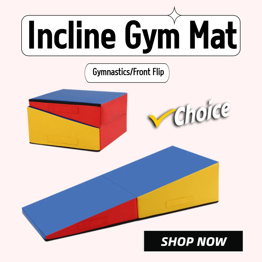 Foldable gymnastics wedge mat in red, blue, and yellow, shown both folded into a block and unfolded as an incline.