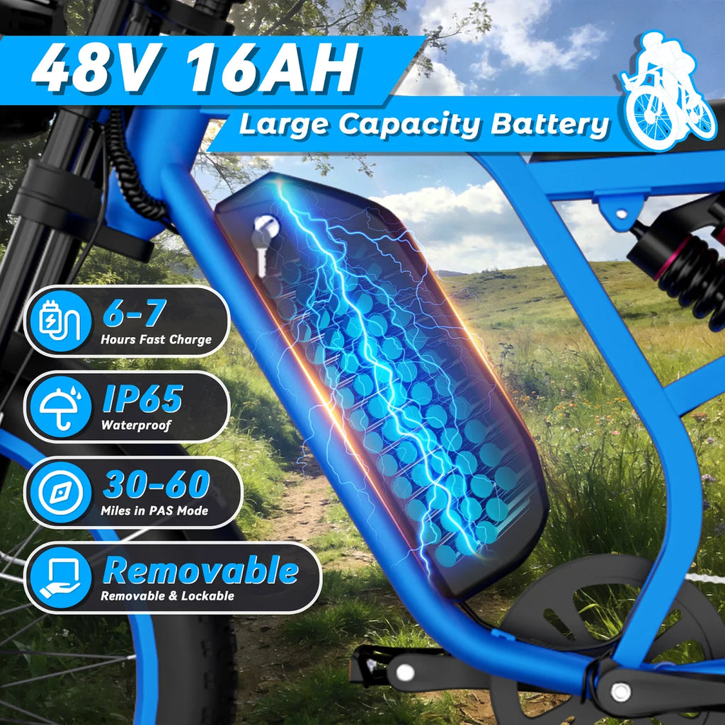 Bluvall SU8 48V 20 Inch Electric Fat Tire Mountain Bike 7-Speed