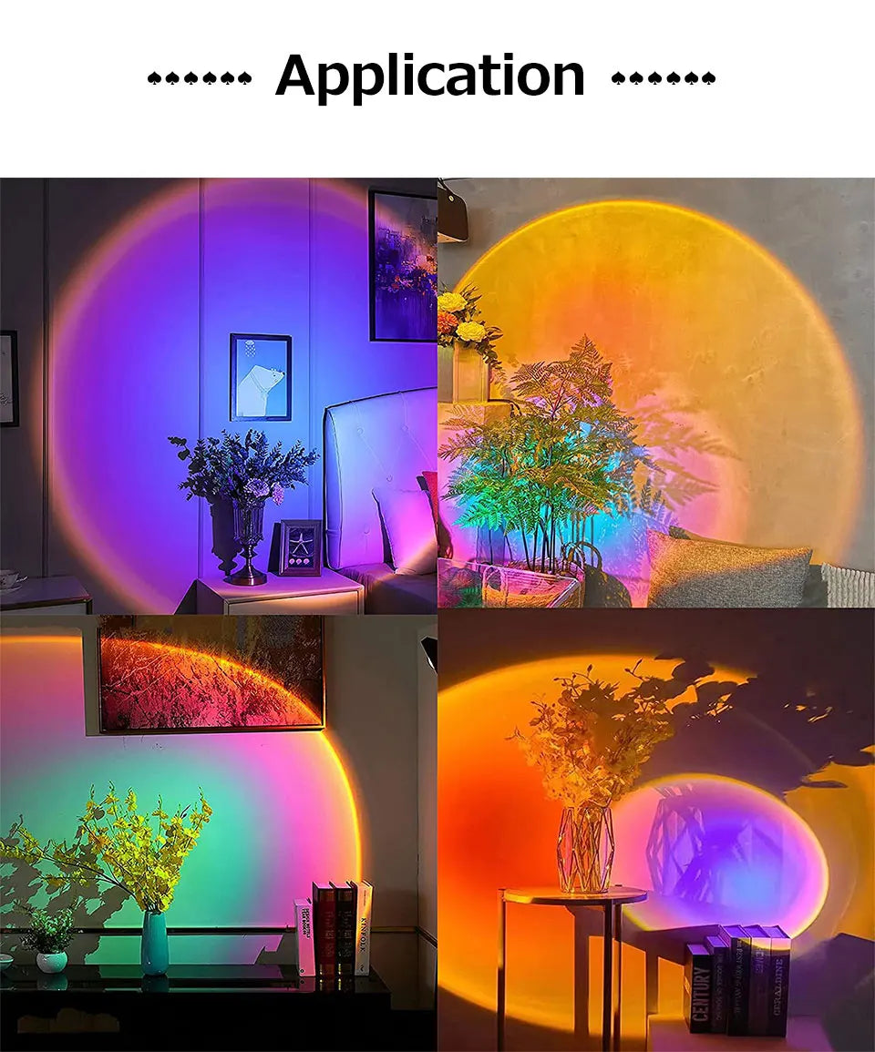 Four images showing a smart sunset LED lamp projecting vibrant, multi-coloured light arcs onto home interior walls.
