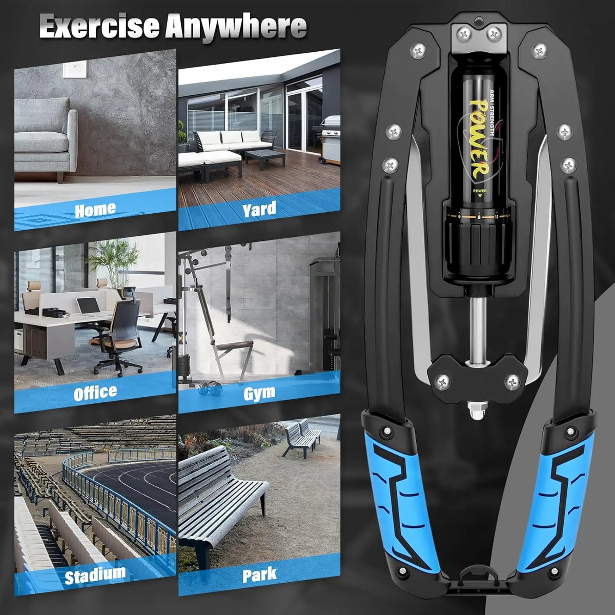 Black and blue hydraulic arm exerciser with central resistance cylinder, steel frame, and textured grips.