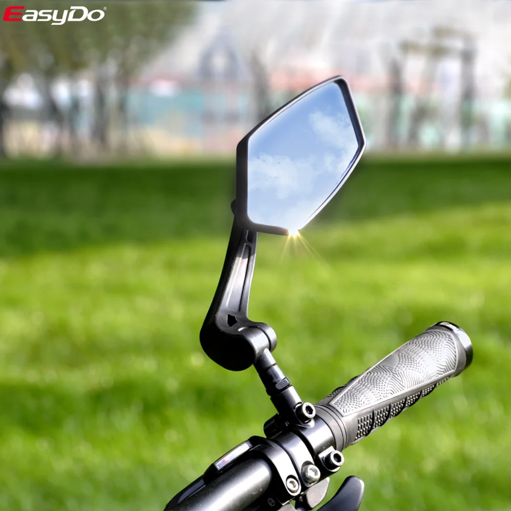 Black EasyDo bicycle handlebar rear view mirror with an angled arm mounted next to textured grip.