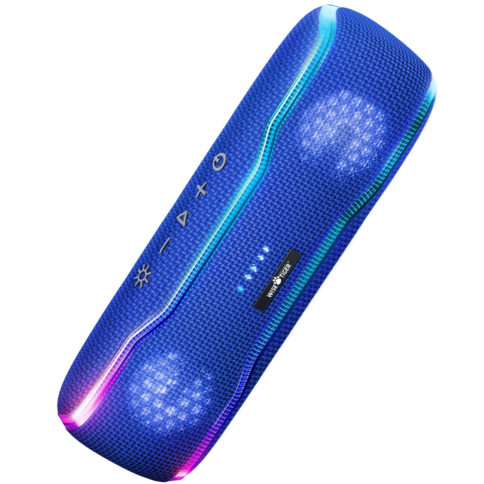 Portable blue fabric Bluetooth speaker with integrated LED light strips and clearly marked tactile control buttons.