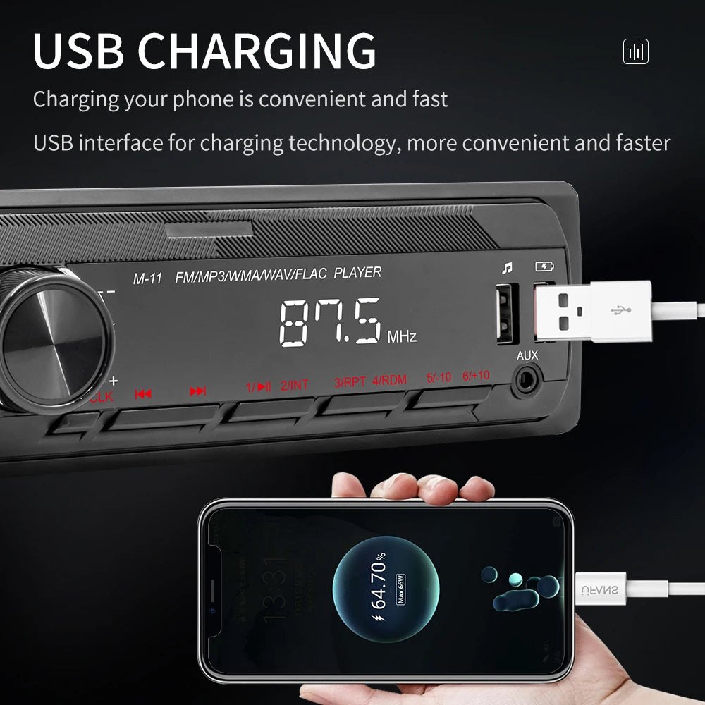 Black 1 DIN car radio stereo with LCD display, volume knob, USB port, AUX jack, and connected charging phone.