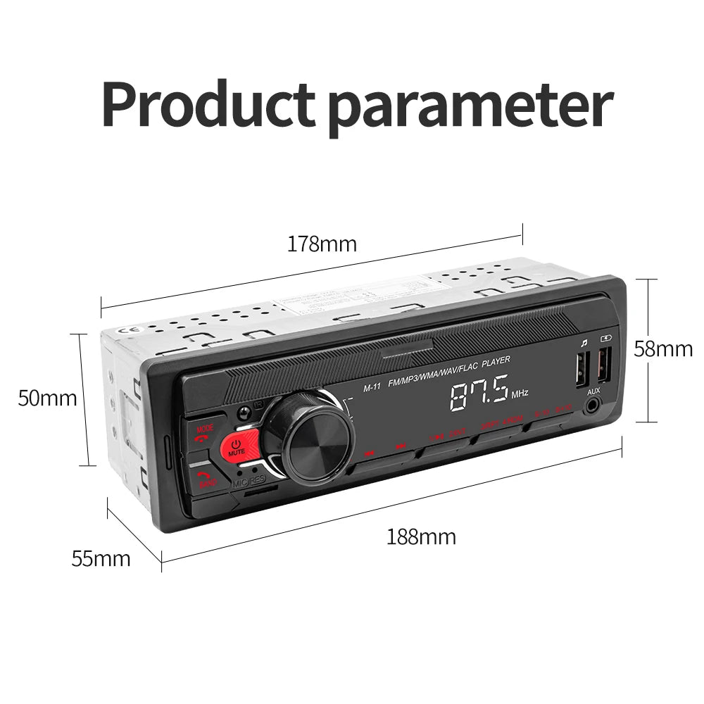 Podofo black 1 DIN car stereo with central volume knob, digital LCD display, dual USB ports, and dimension overlays.