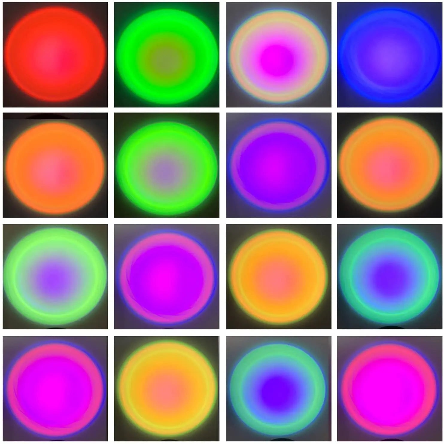 Grid showing 16 vibrant circular light projections in various colours and gradients from a smart LED sunset lamp.