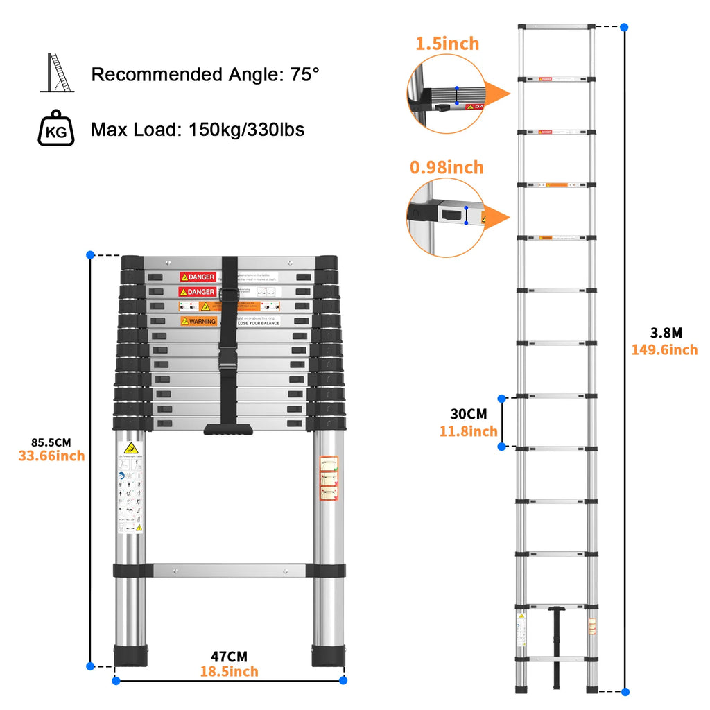 Silver telescoping aluminum ladder shown retracted and fully extended with dimension callouts.