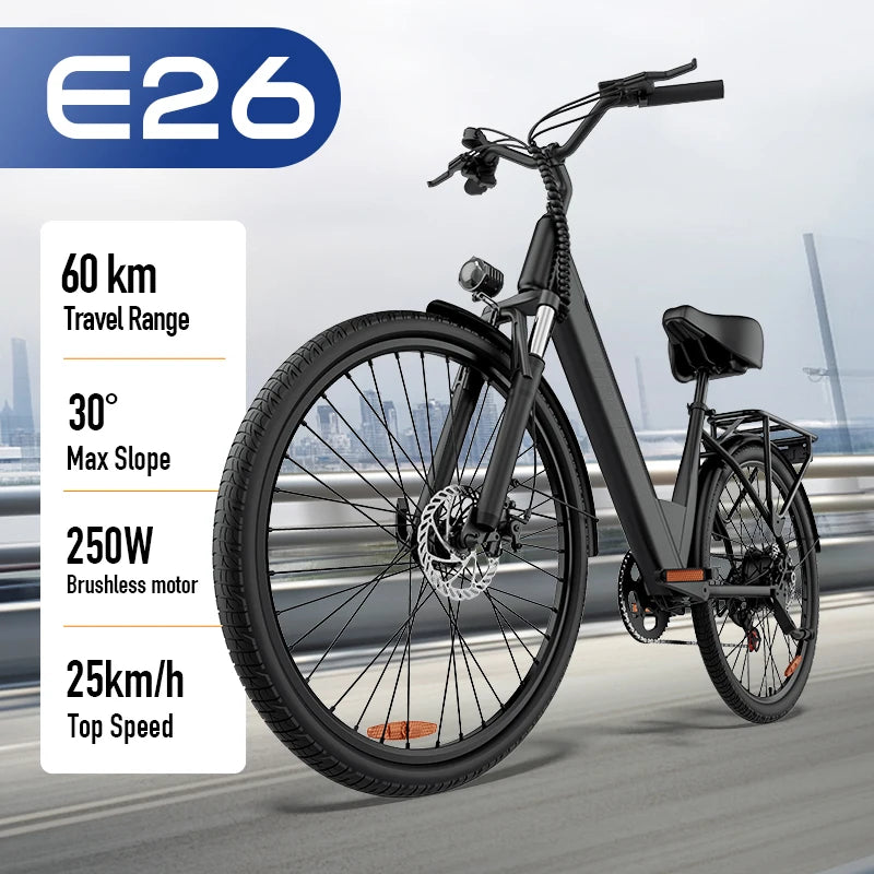 Urlife E26 black electric commuter bike with front suspension, rear rack, and disc brakes on standard tires.