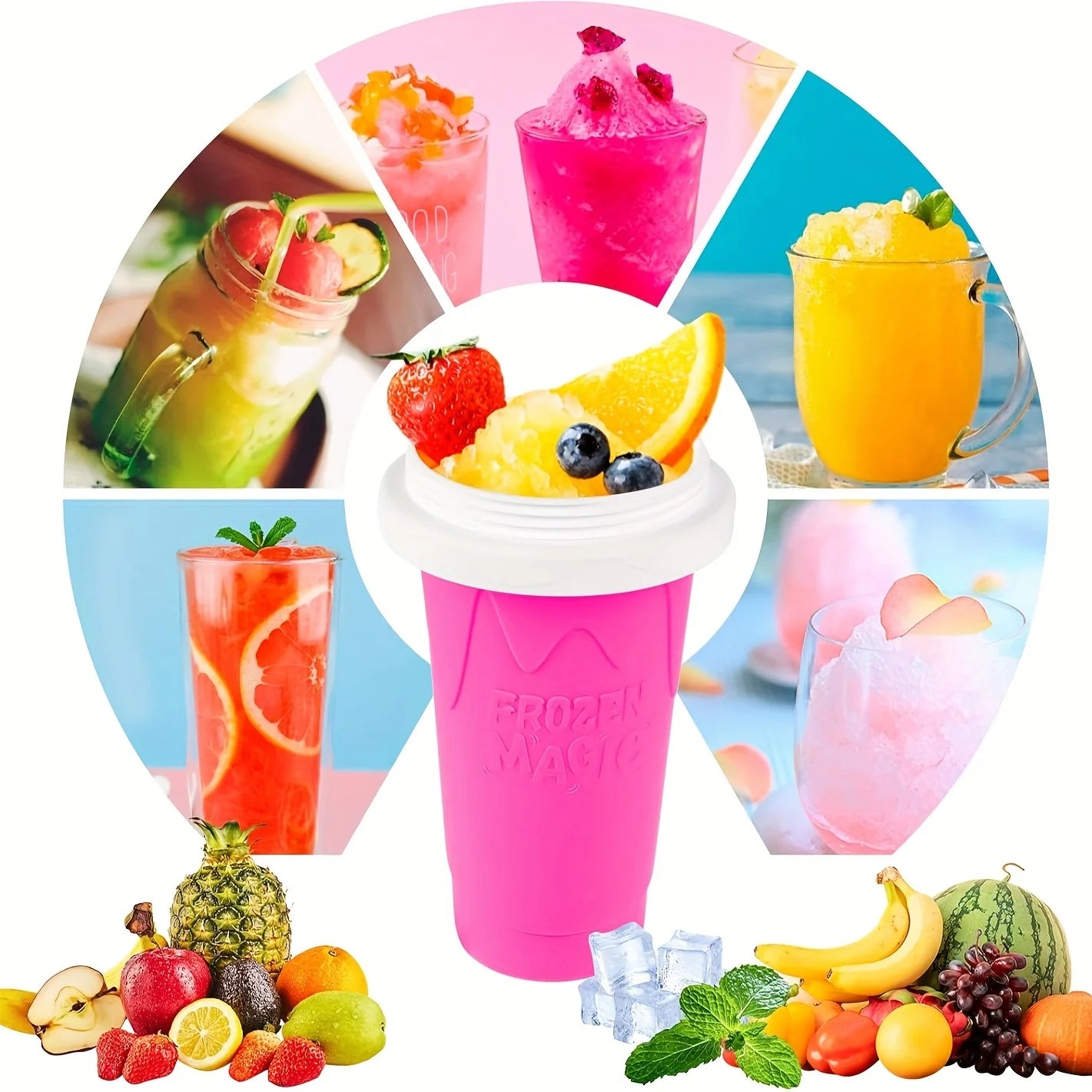 Bright pink DIY slushy maker cup, shown with various fruit drinks and fresh fruit surrounding it.