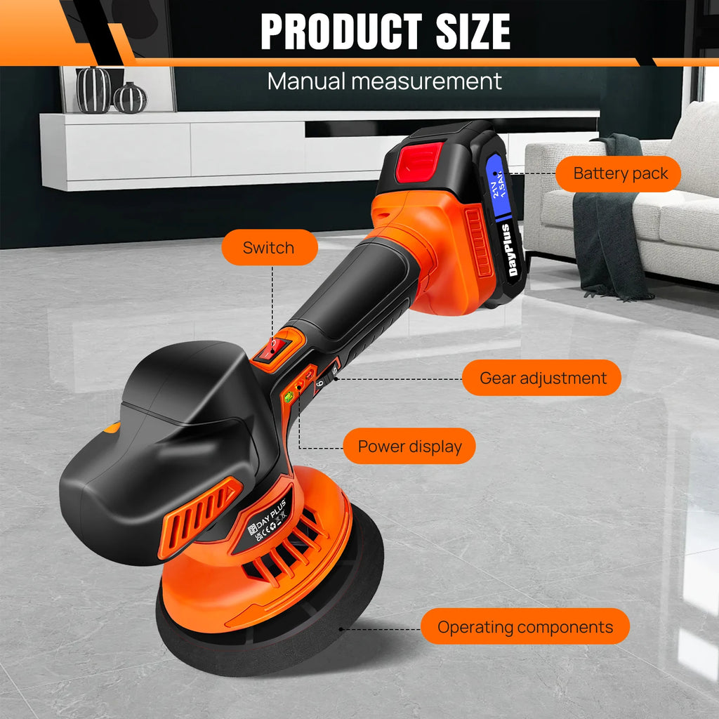 Orange and black cordless car polisher with dual action buffer pad, battery pack, and labeled control features.
