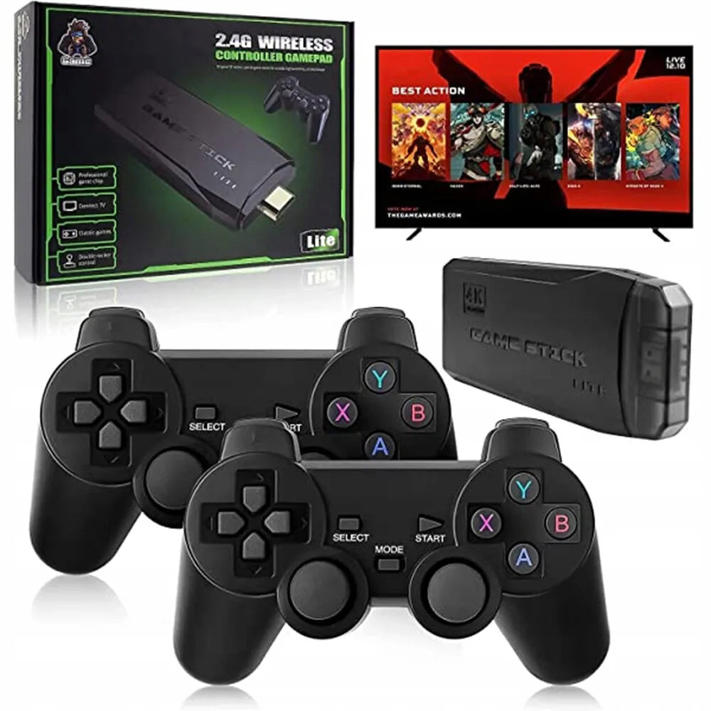 Black retro video game console set with two wireless controllers, game stick, and packaging box.