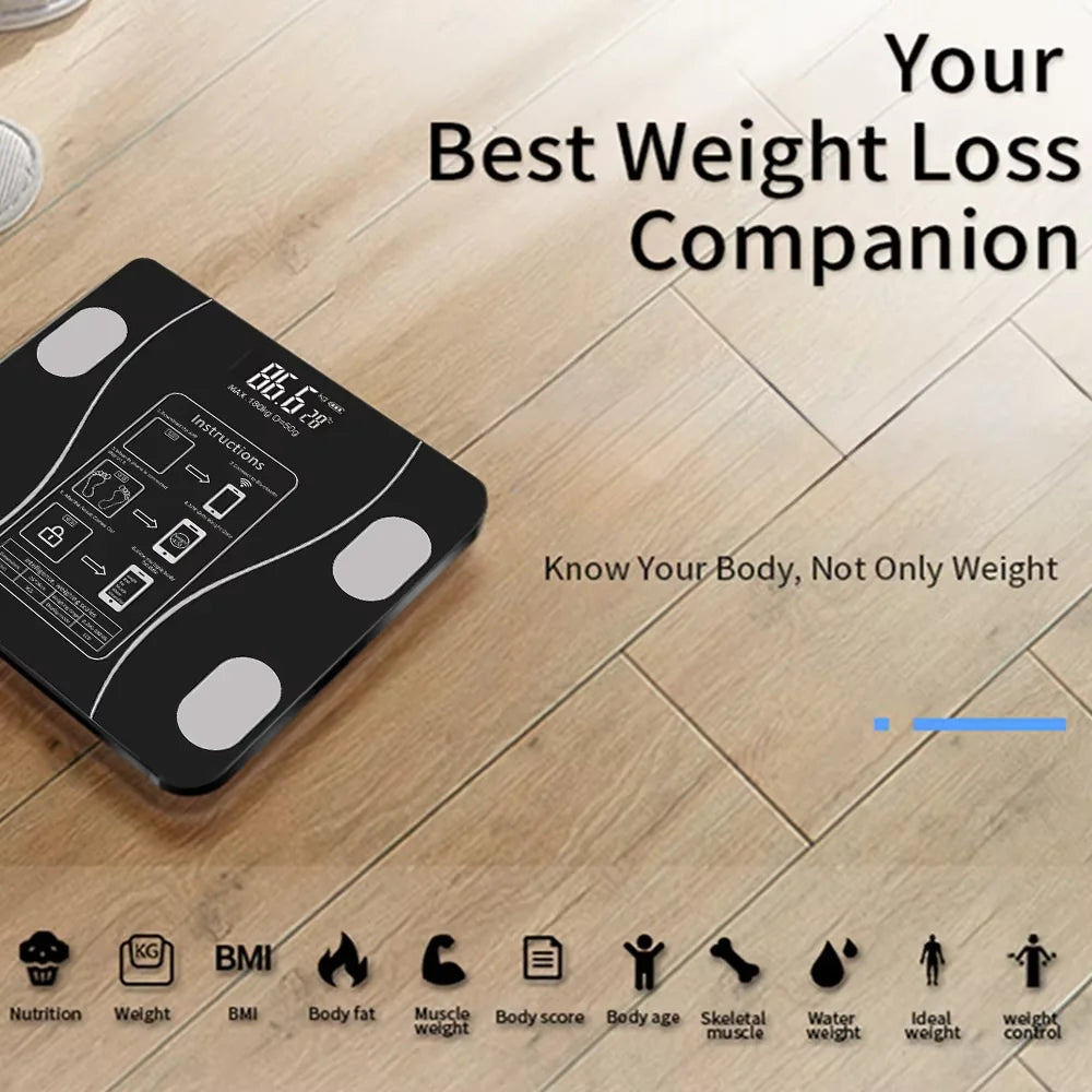 Black digital smart body fat scale with silver electrode pads and an LED display on a wooden floor.