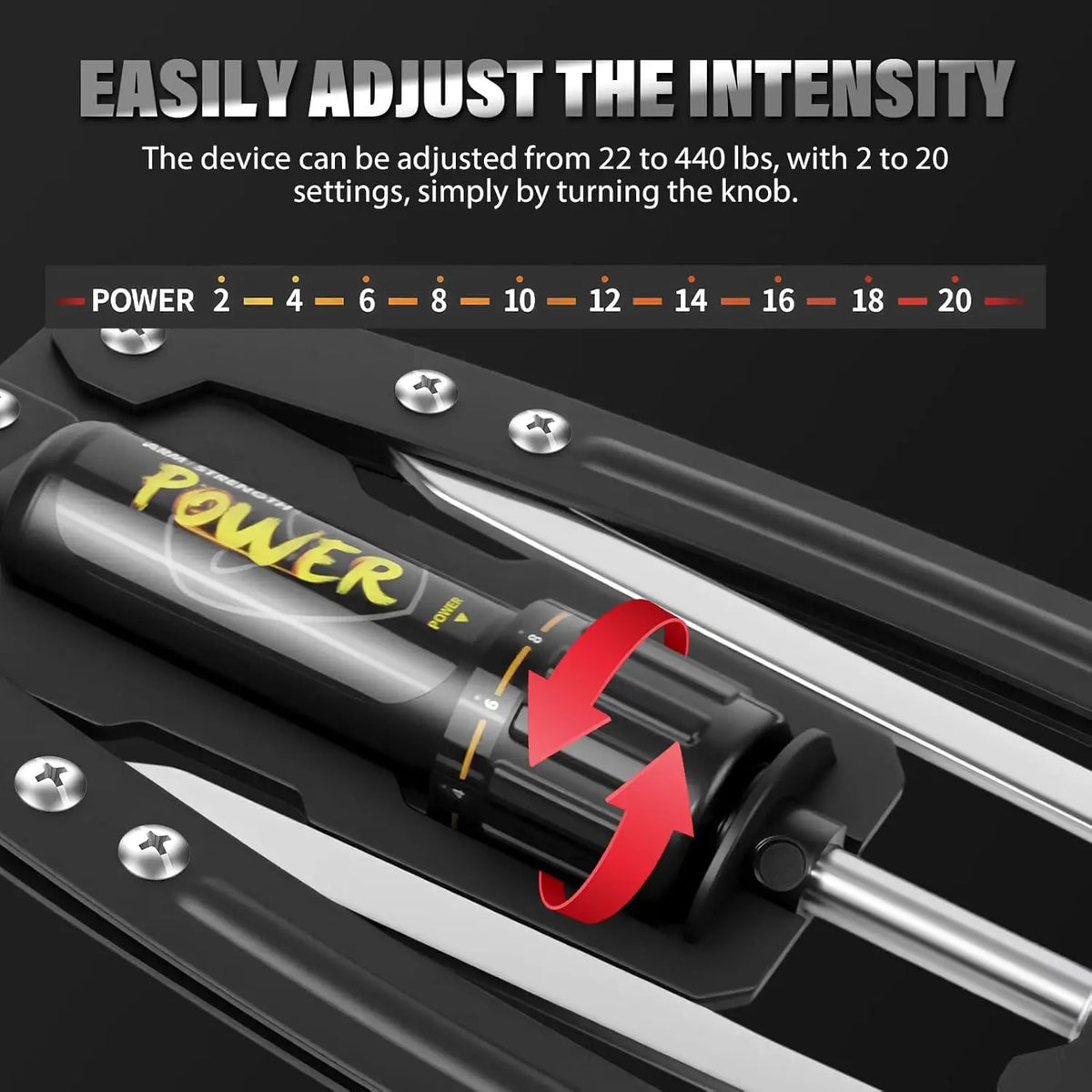 Black hydraulic chest exerciser with a labeled resistance adjustment knob from 2 to 20.