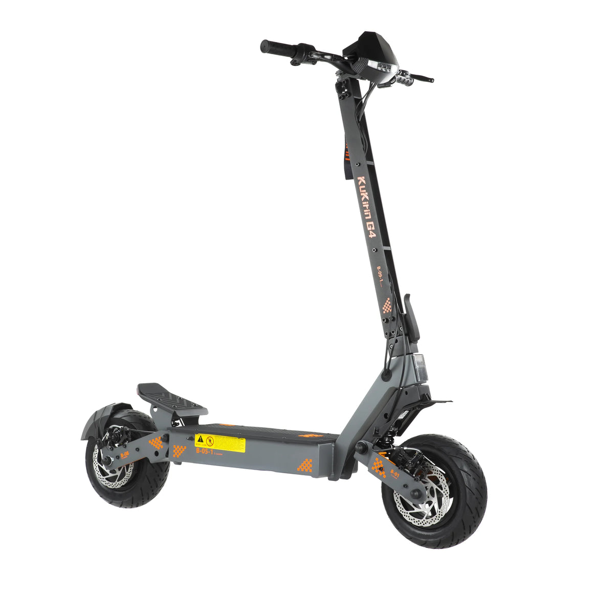 Dark grey KuKirin G4 electric scooter with fat tires, dual disc brakes, rear footrest, and orange accents.