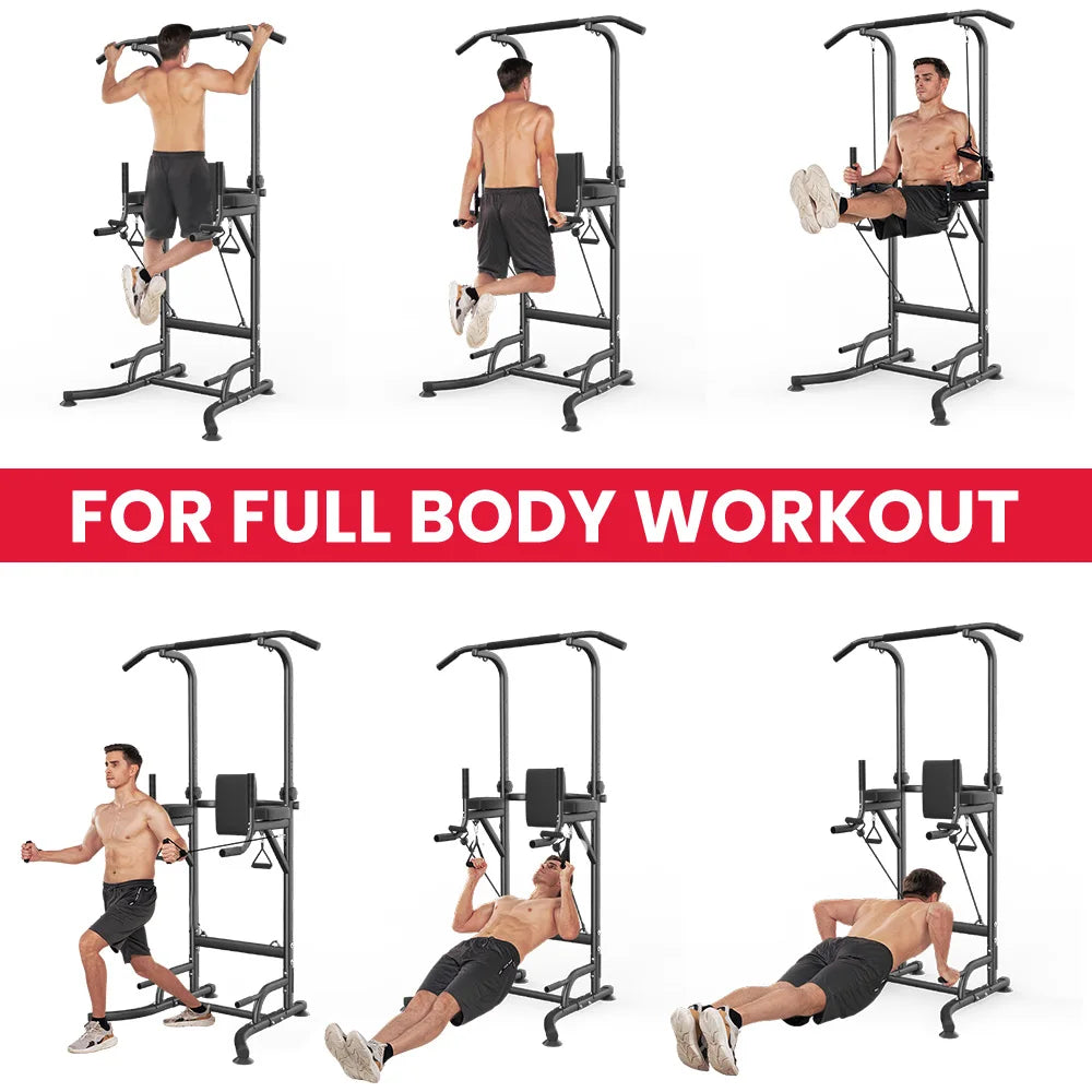 Black multi-function power tower with pull-up bar and dip station, shown in use for various bodyweight exercises.