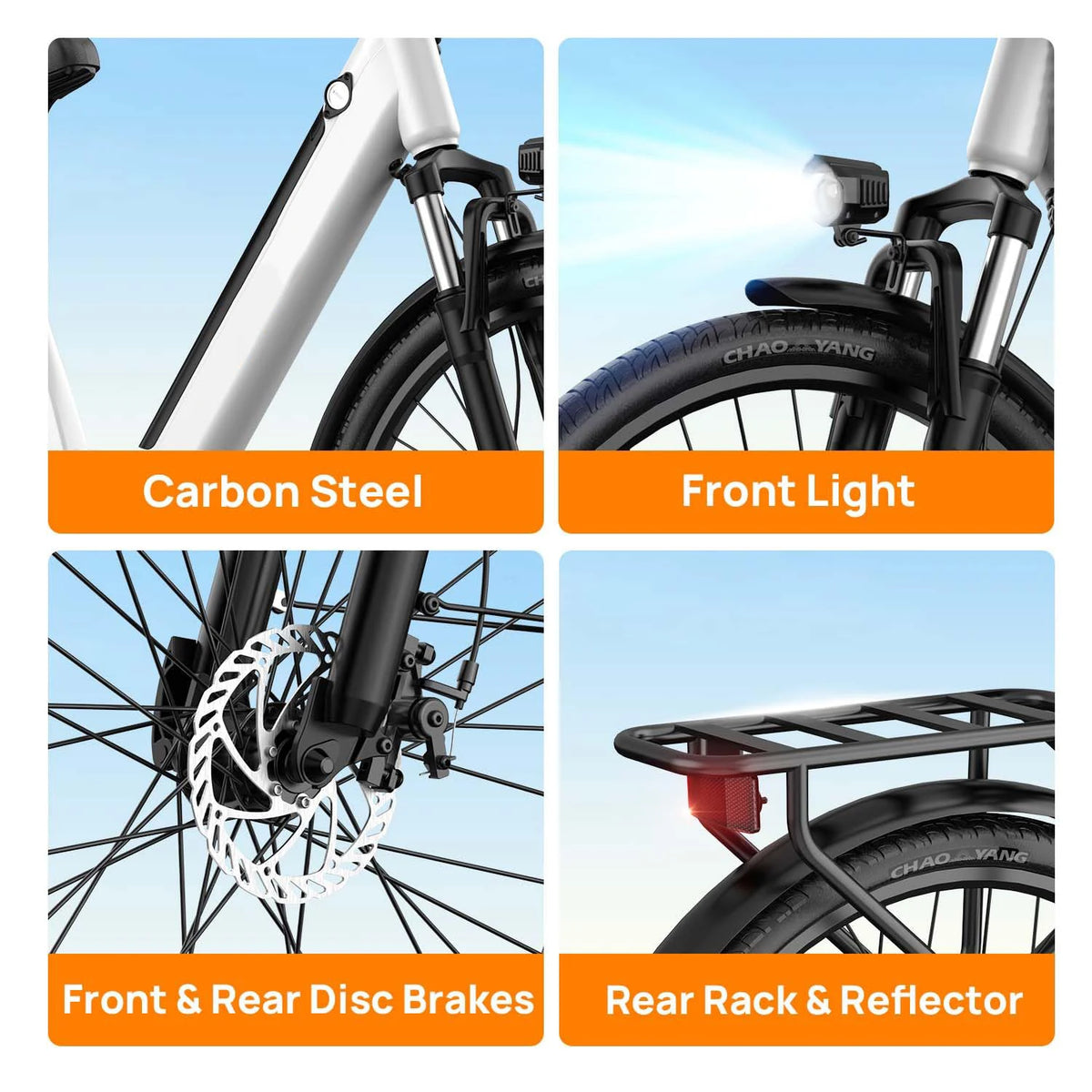 Urlife E26 white commuter e-bike features carbon steel frame, bright front light, hydraulic disc brakes, and rear rack.