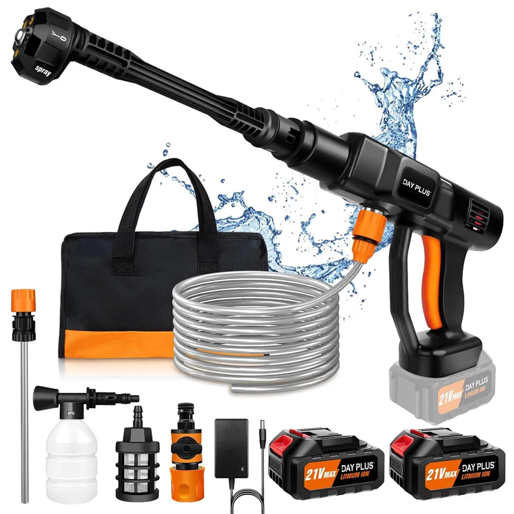 Black cordless high-pressure washer with orange grip, 21V battery, coiled hose, bag, and nozzles.