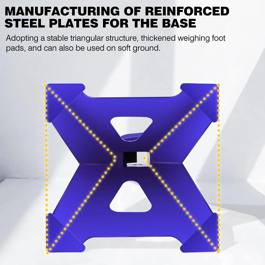 Blue steel jack stand base with an X-shaped form, wide triangular support feet, and a central socket.