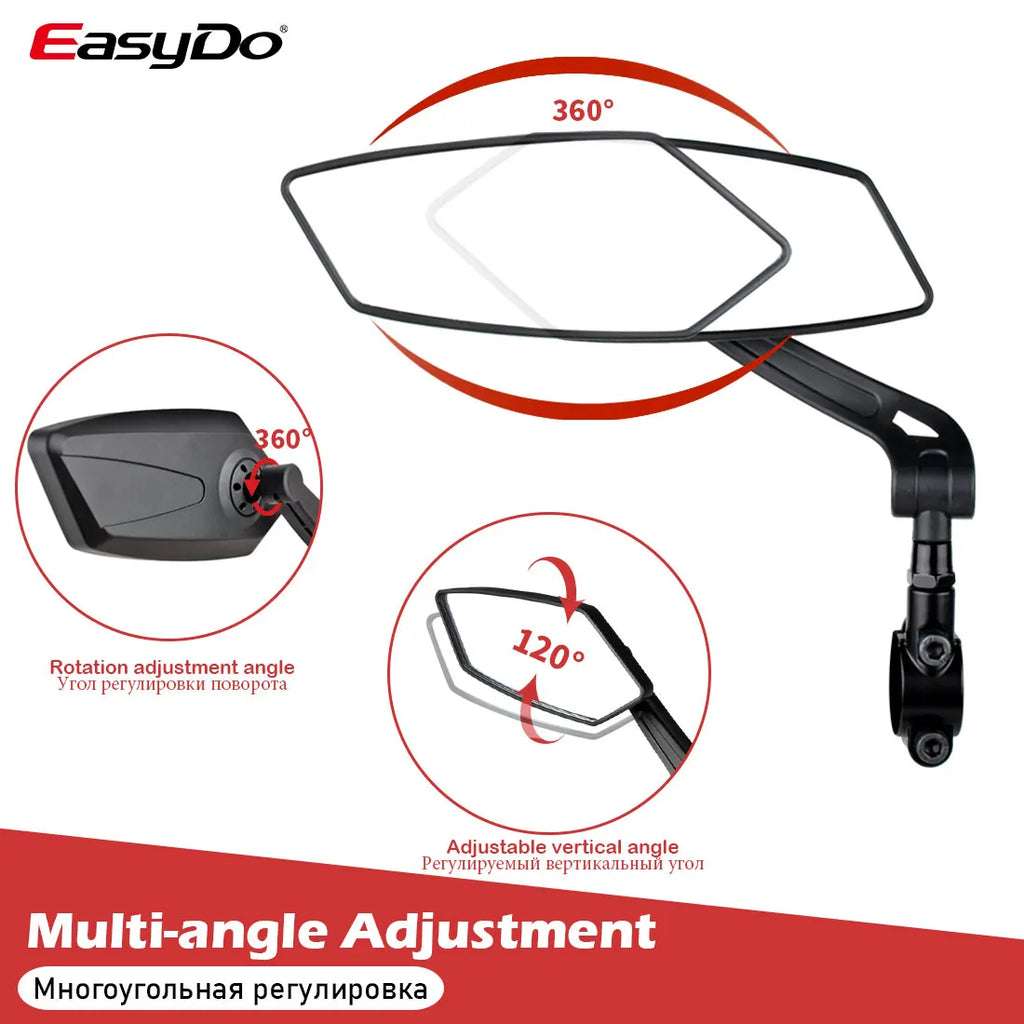 Black bicycle handlebar rear-view mirror with polygonal shape, adjustable mount, and 360-degree rotation features.