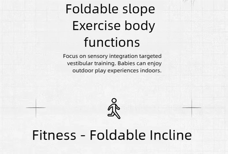 White graphic showing text about a foldable slope gymnastics mat for sensory, vestibular, and fitness training.