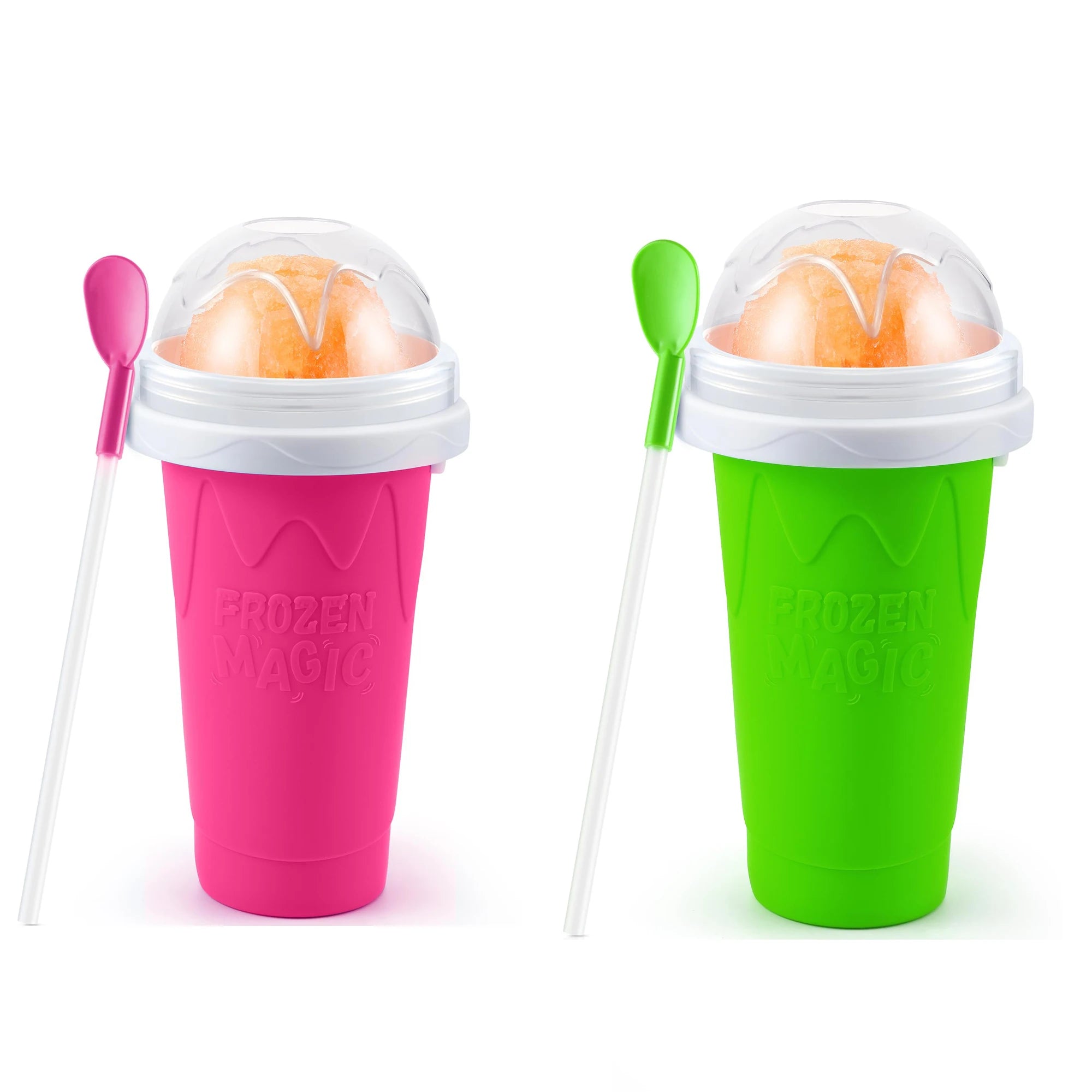 Two squeeze cups for making slushies, one pink and one green, each with a clear lid, straw-spoon and icy treat.