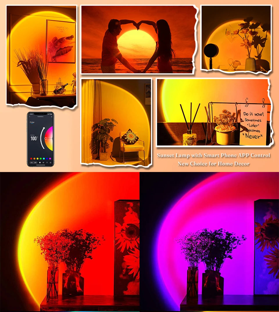 Smart LED sunset projection lamp, creating vibrant, customisable light effects via a smartphone app.