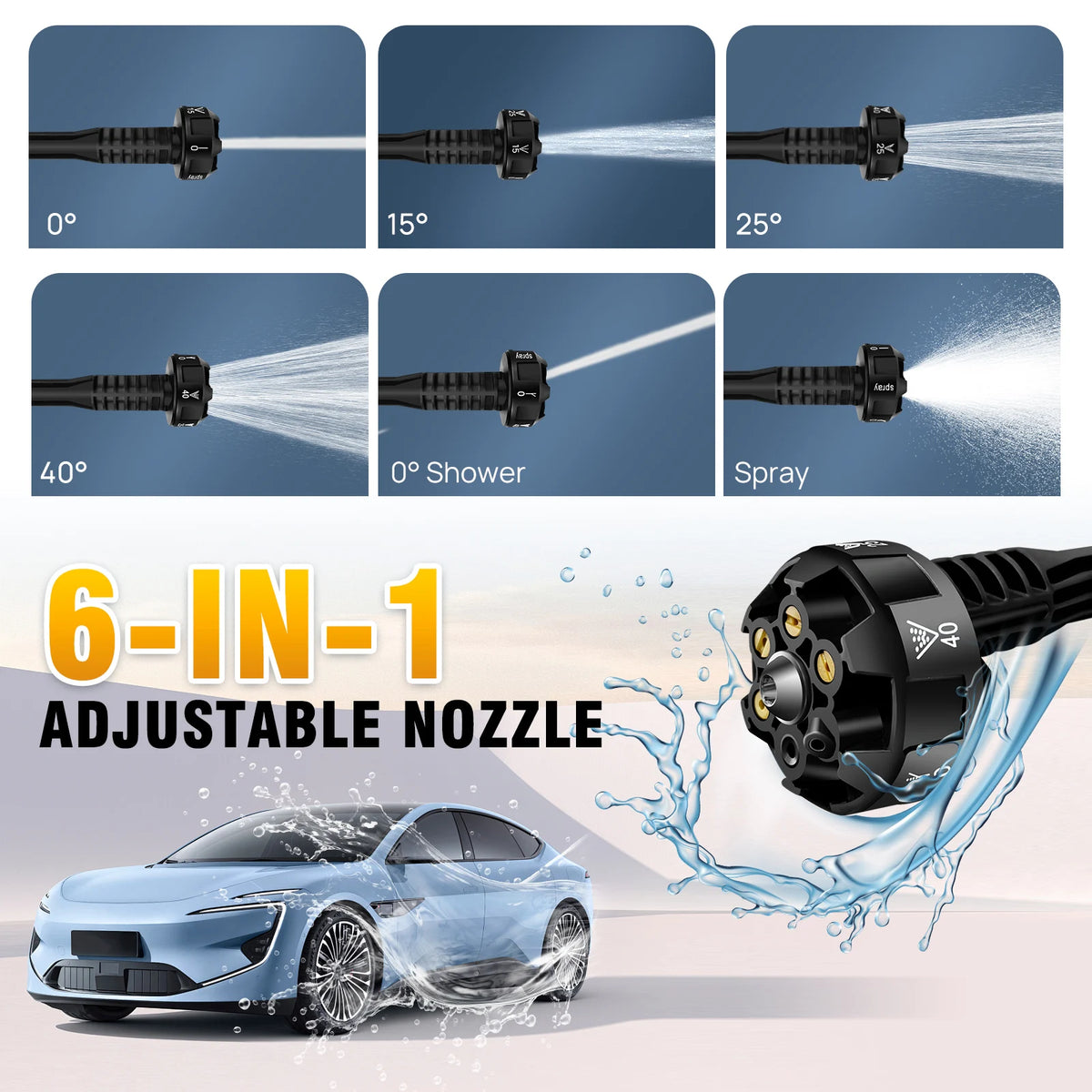 Black 6-in-1 adjustable nozzle showing 0, 15, 25, 40 degree, shower, and spray patterns with a car.