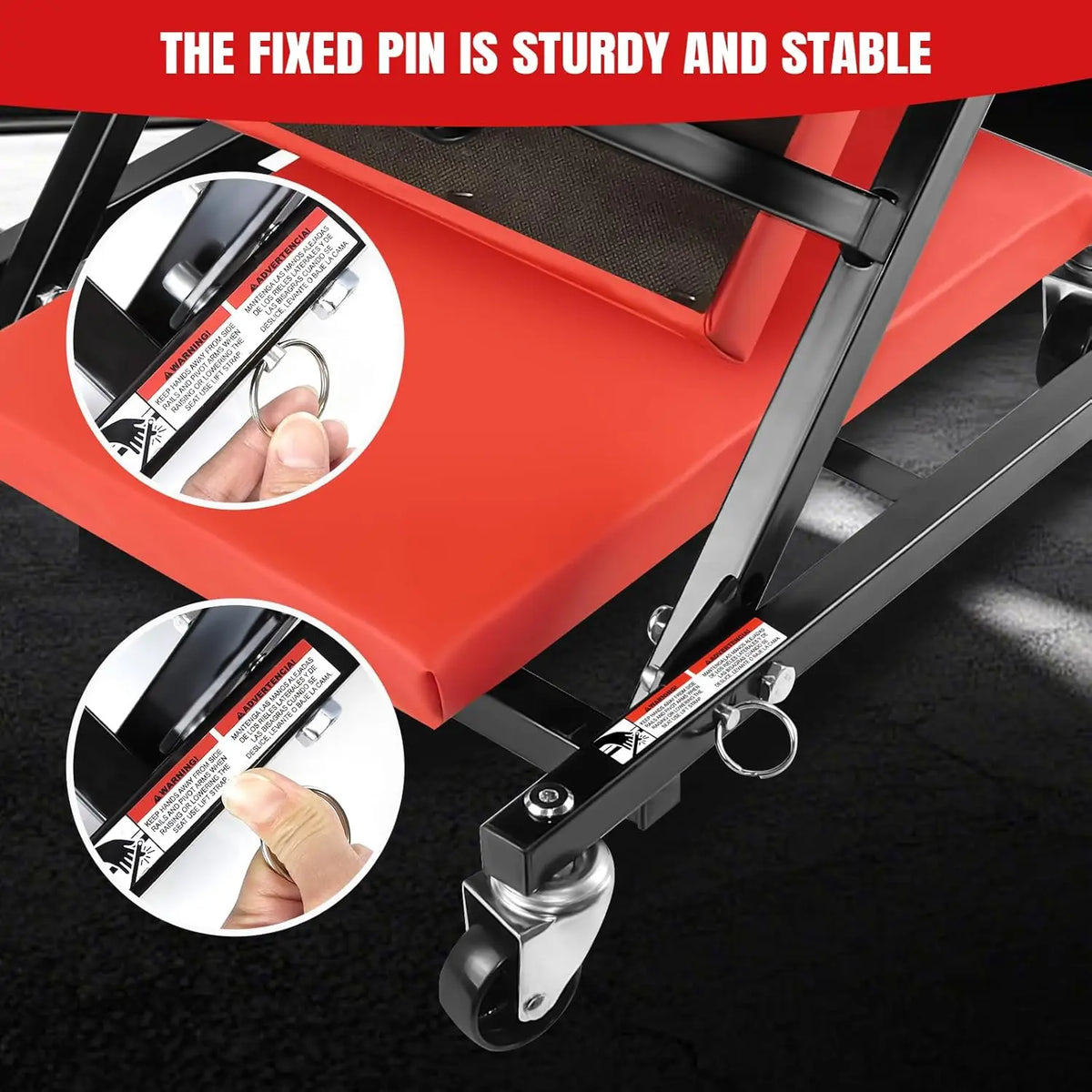 Red and black 2-in-1 folding car creeper with a sturdy fixed locking pin and swivel caster wheels.